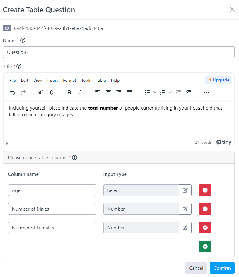 Creating/editing a table question