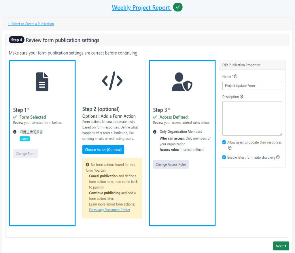 workflow wizard with selected publication